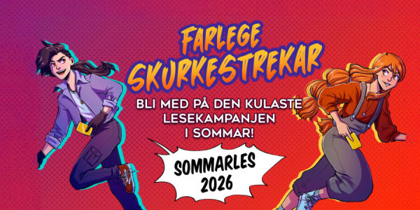 Teikna banner for Sommarles med teksten: Farlege skurkestrekar. Bli med på den kulaste lesekampanjen i sommar. Sommarles 2026